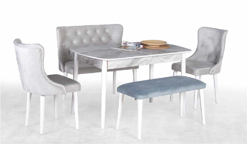 Kelebek Bench White Marble Dining Table Set